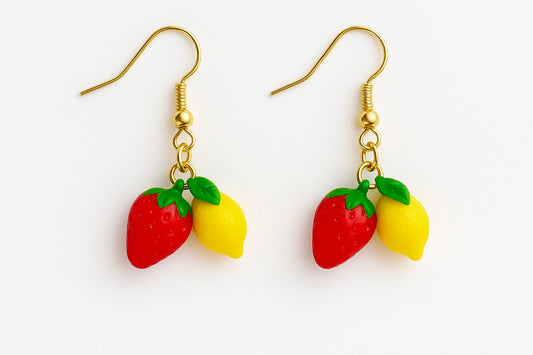 Boucles d’Oreilles "Citron-Fraise" – Duo fruité, fait main